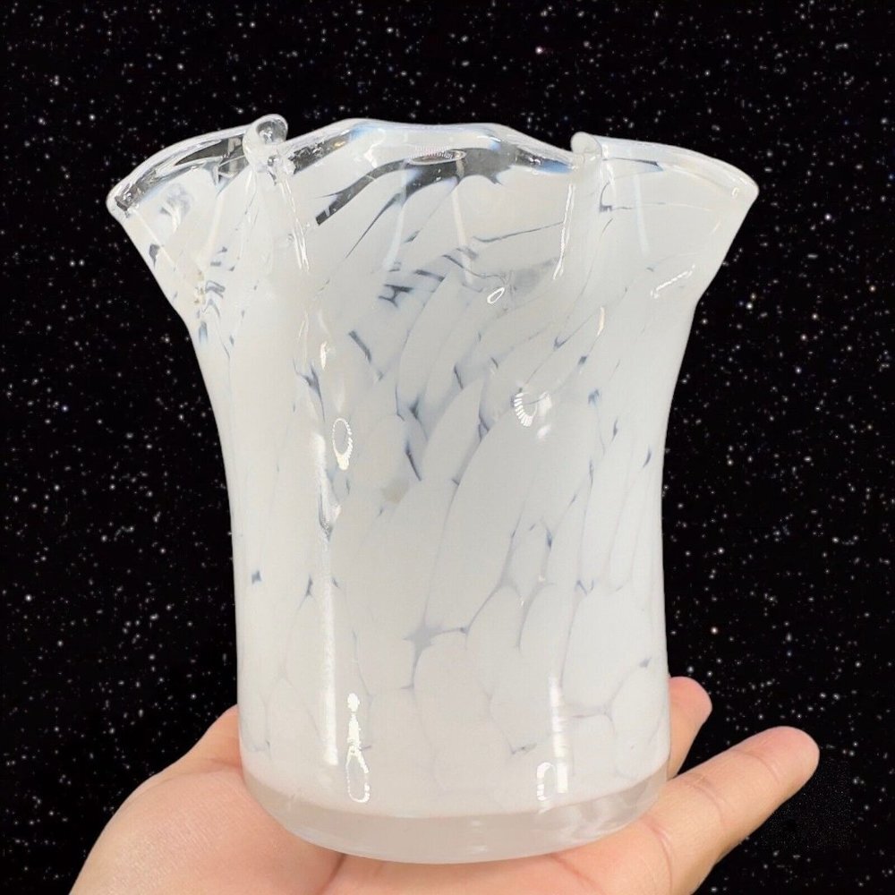 Art Glass Vase With White Specks Dots Ruffled Top Edge Glass Vase Vessel 5”T 5”W